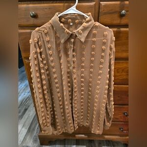 Textured Dot, Tan, Button-Up Blouse, Size XL